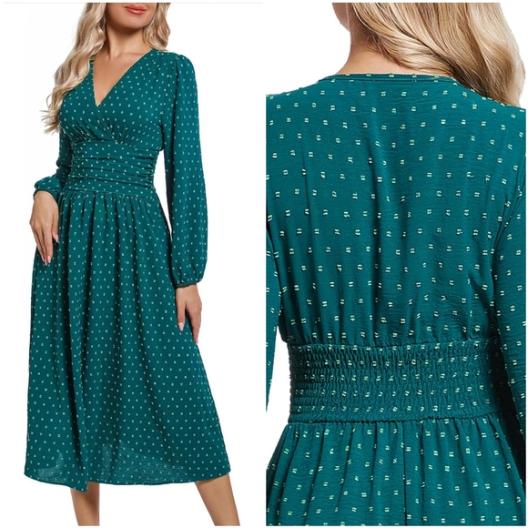 NWT Liotxecd Green Swiss Dot V Long Lanturn Sleeve Prairie Boho Maxi Dress M - Picture 1 of 13